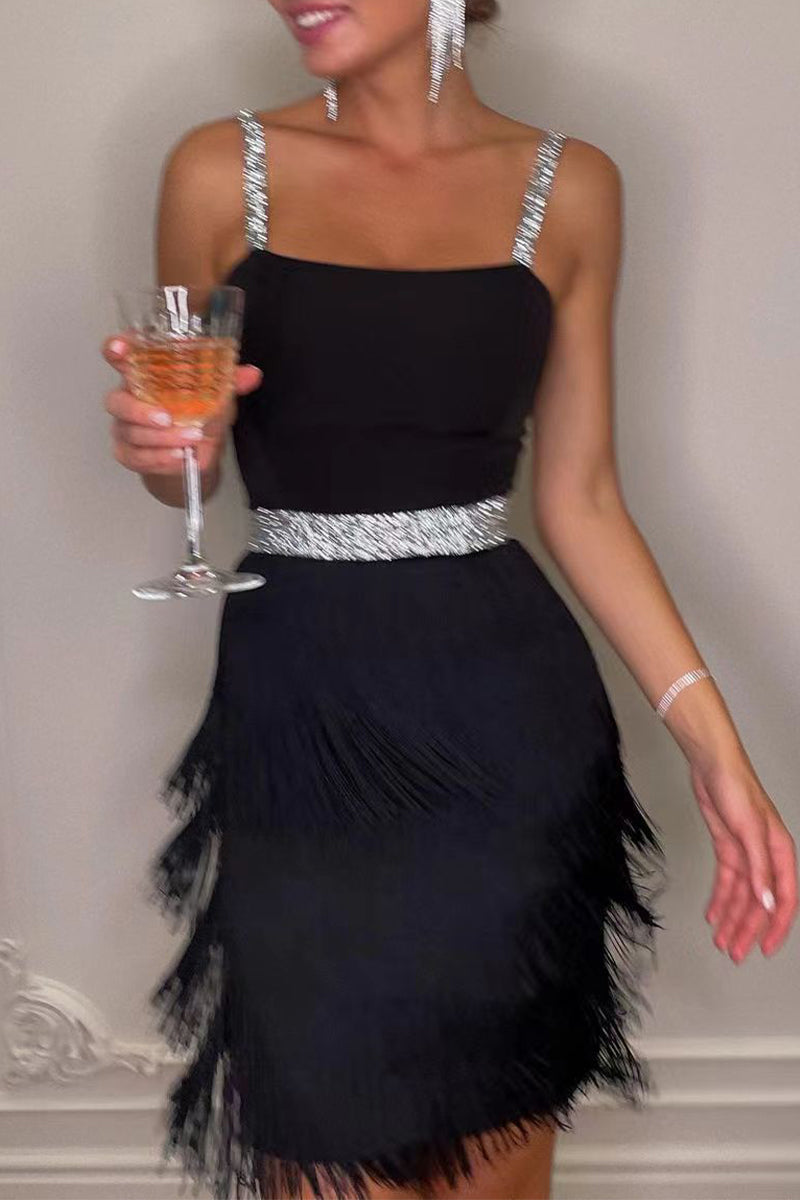 Sexy Partykleid mit einfarbiger Quaste und quadratischem Kragen und Sling-Kleid 