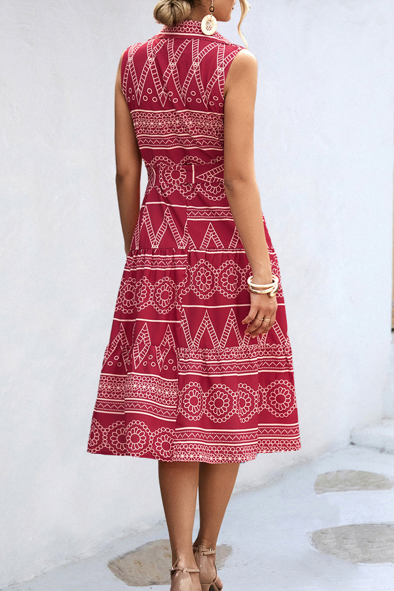 Bohemian Geometric Print Frenulum Turndown Collar A Line Dresses