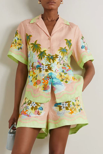 Casual Sweet Floral Pocket Turndown Collar Short Sleeve Two Pieces
