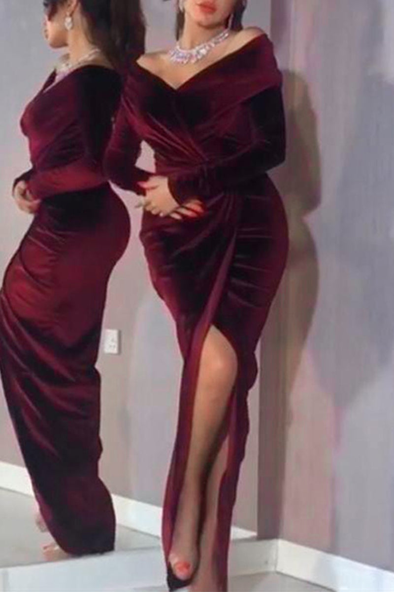 Elegant Formal Solid Slit Fold V Neck Evening Dress Dresses