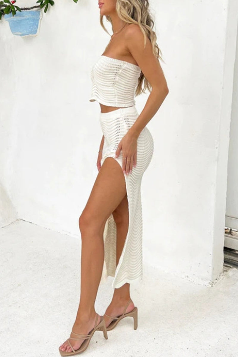 Sexy Vacation Solid Slit Strapless Sleeveless Two Pieces