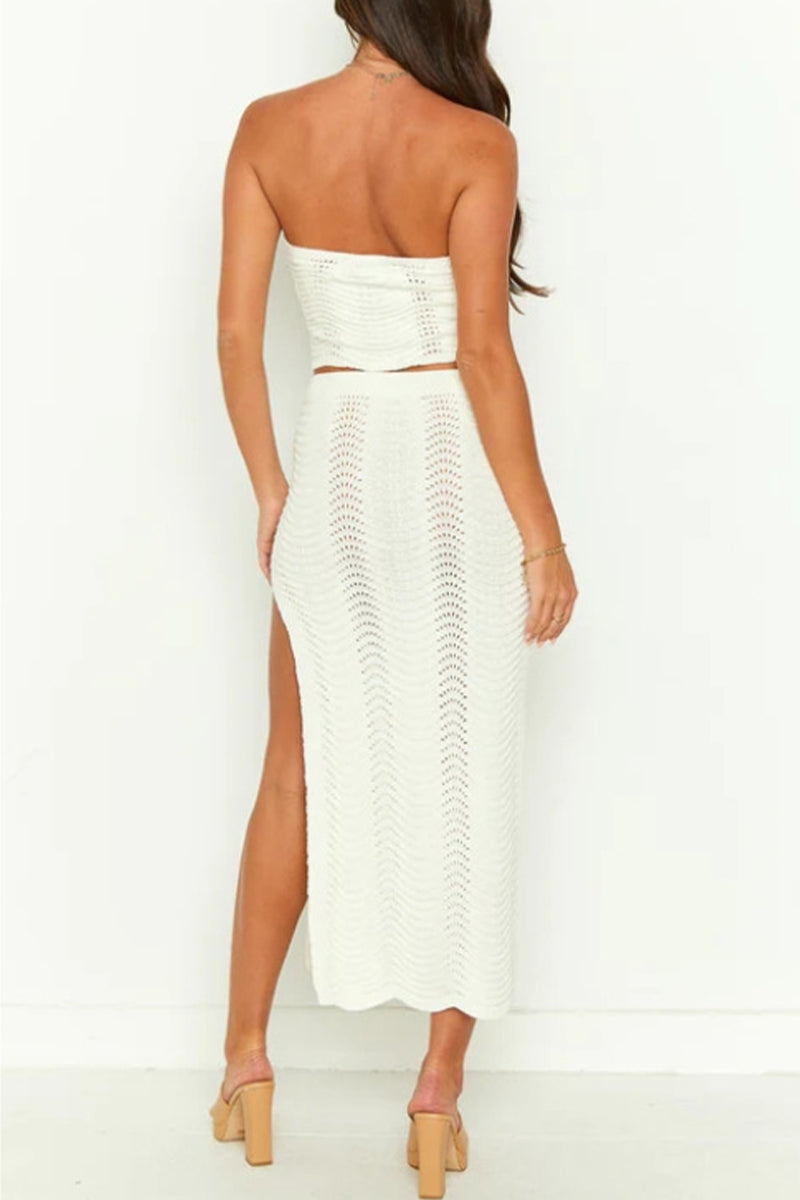Sexy Vacation Solid Slit Strapless Sleeveless Two Pieces
