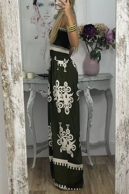Sexy Print Pocket Strapless Loose Jumpsuits