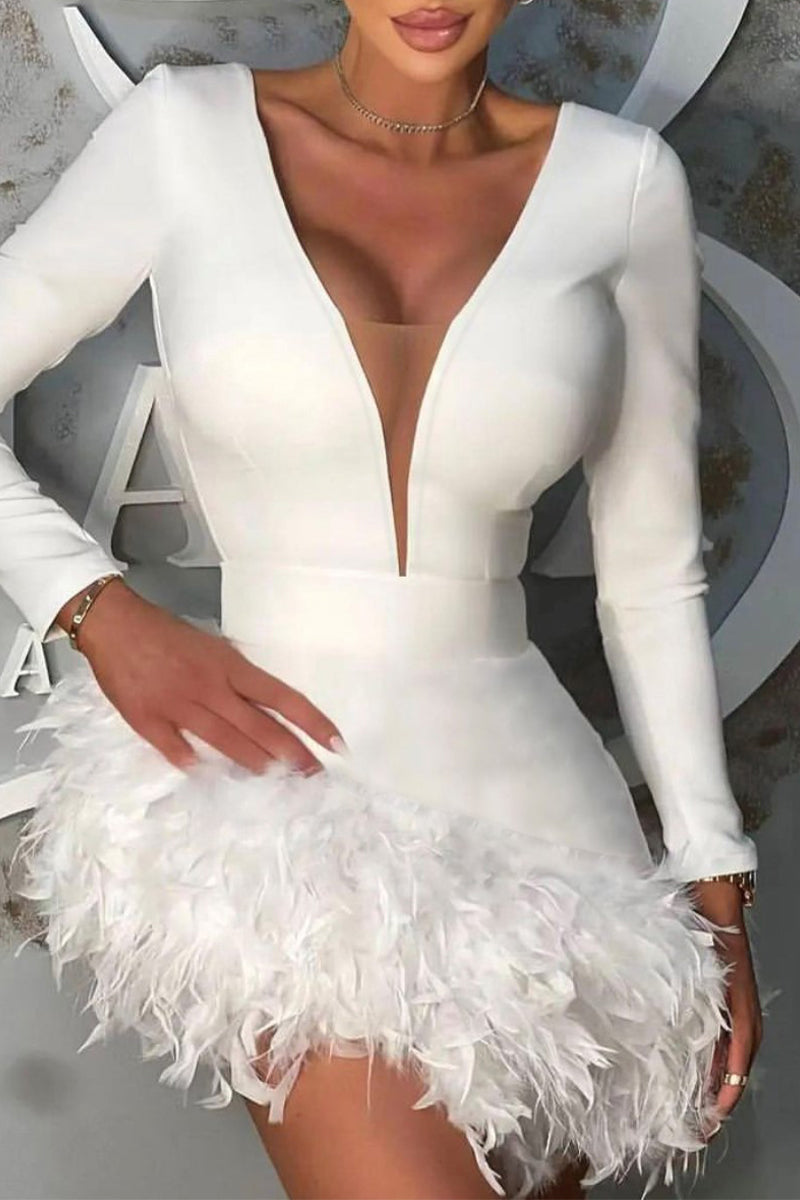 Sexy Formal Solid Feathers V Neck Wrapped Skirt Dresses(3 Colors)