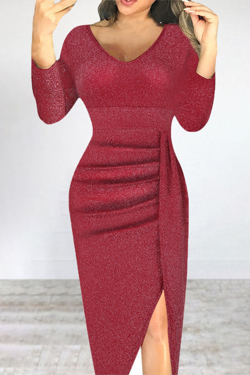 Elegant Solid Fold Sequined V Neck Irregular Dresses(5 Colors)