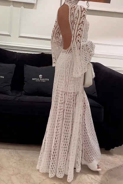 Elegant Solid Lace Hollowed Out Turtleneck Evening Dress Dresses