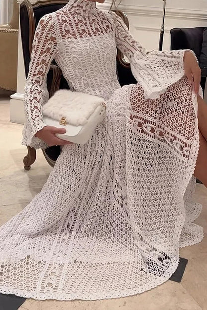 Elegant Solid Lace Hollowed Out Turtleneck Evening Dress Dresses