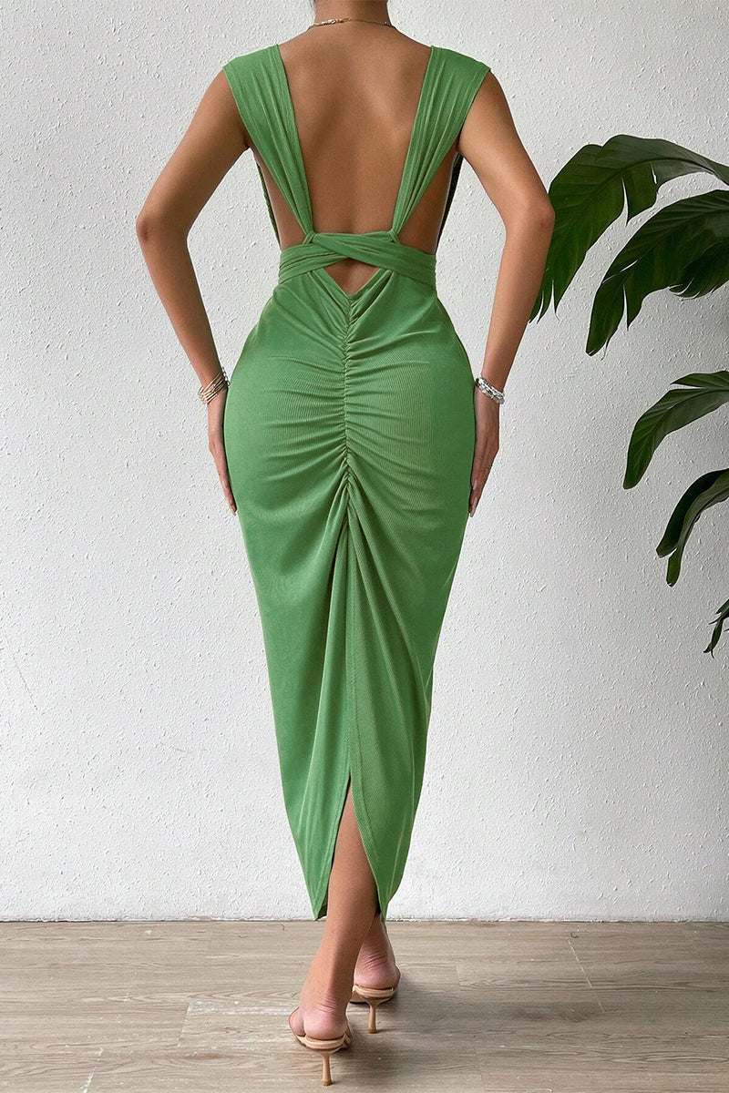 Sexy Simplicity Solid Backless V Neck Wrapped Skirt Dresses
